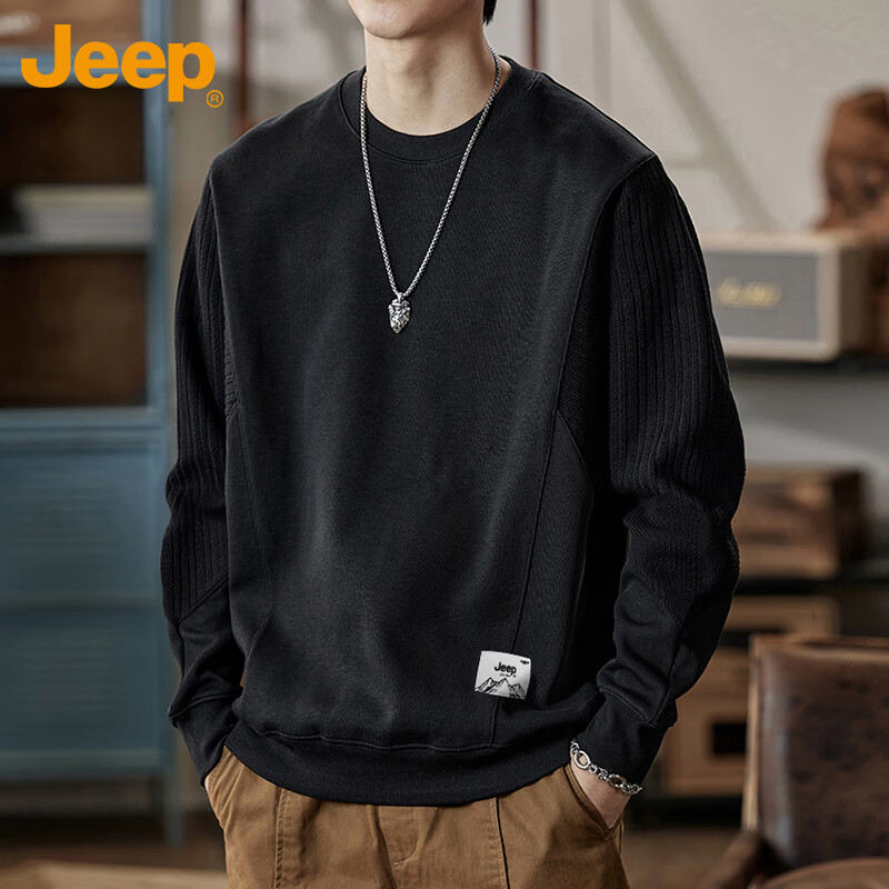 JEEP Men's Color Block Sweatshirt, Loose-Fitting T-Shirt for Spring And Autumn, Casual Heavyweight Base Layer, Black, Size 2XL