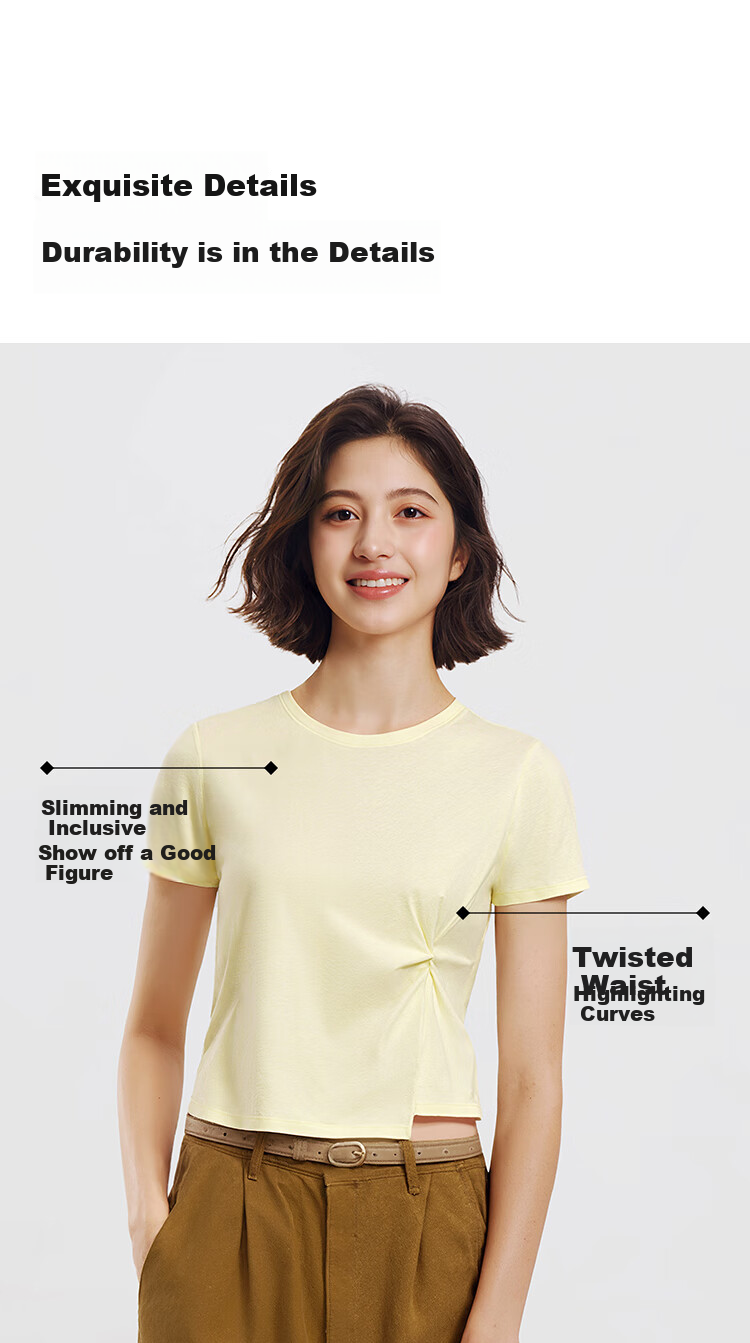 Semir Forest Soft | Women's Short Sleeve T-Shirt, Summer Cropped Style, Regular Shoulder, Solid Color, Slim Fit, Twisted Knot, Asymmetric Design Clothing 101325100095 7