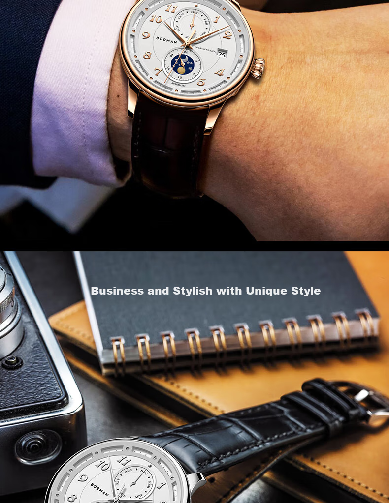 BORMAN BORMAN German Certified Men's Mechanical Watch, Fully Automatic Multifunctional Luxury Watch, Rose Gold Case with White Dial And Brown Leather Strap 10