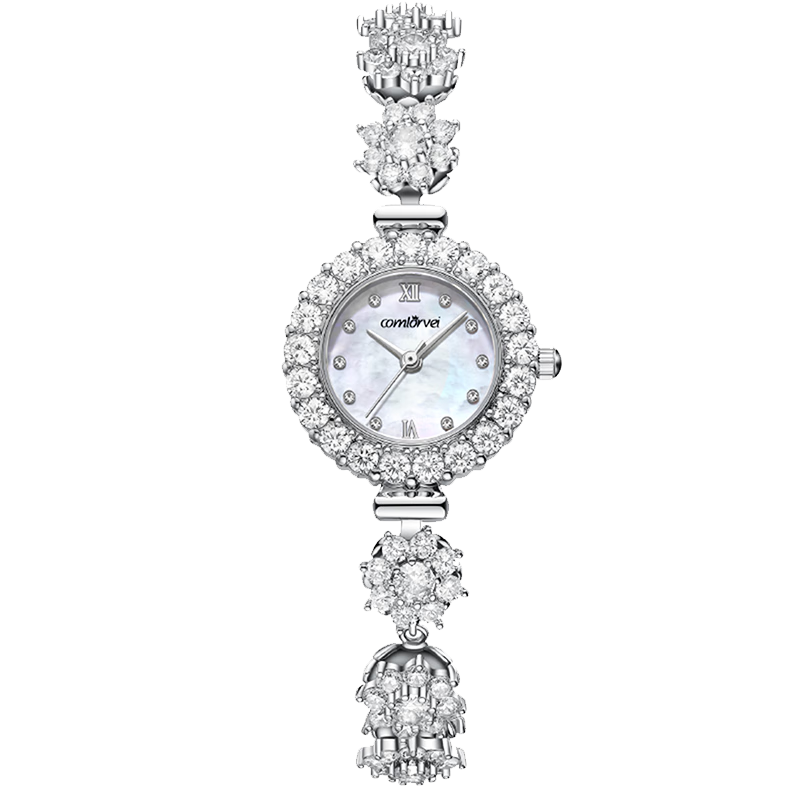 COMLORVEI Rotating Camellia Series Diamond-Studded Sparkling Sweet Girl Quartz Movement Mother-of-Pearl Dial Waterproof Versatile Elegant Wristwatch D678