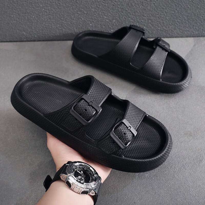 GUOLUOFEI Summer Men's Outdoor Thick Sole Slip-On Anti-Slip Beach Sandals Black Size 42-43