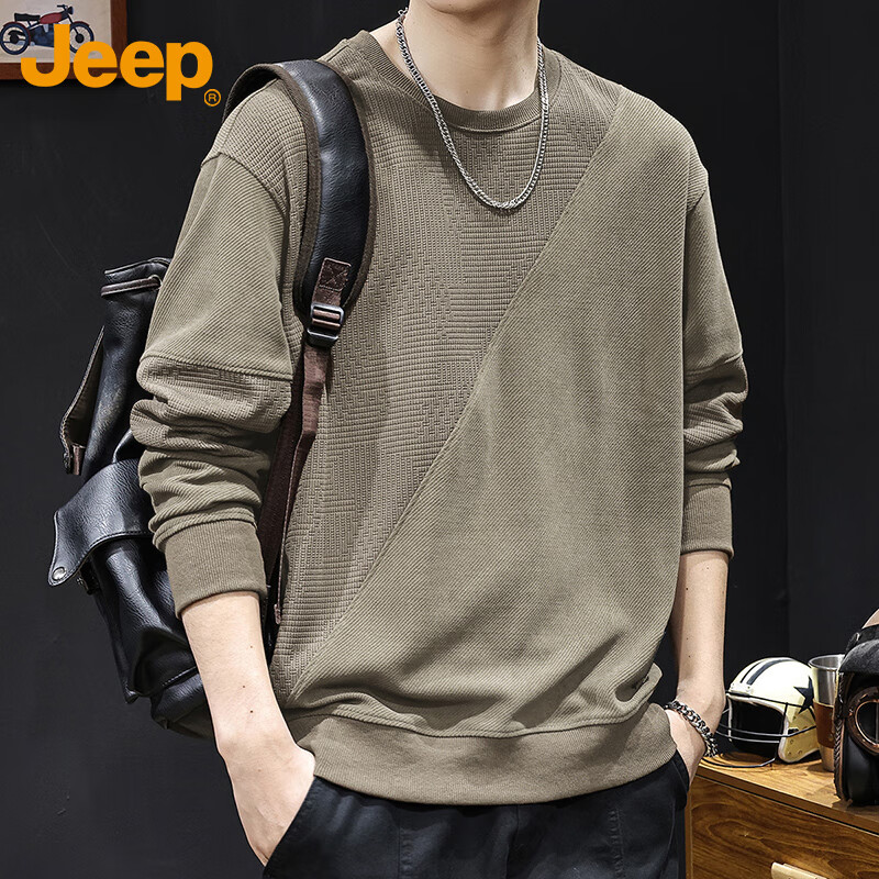 JEEP Men's Sweatshirt, Spring And Autumn Heavyweight Base Layer, Loose Long-Sleeve T-Shirt Top, Color-Block Menswear, Apricot Color, XL