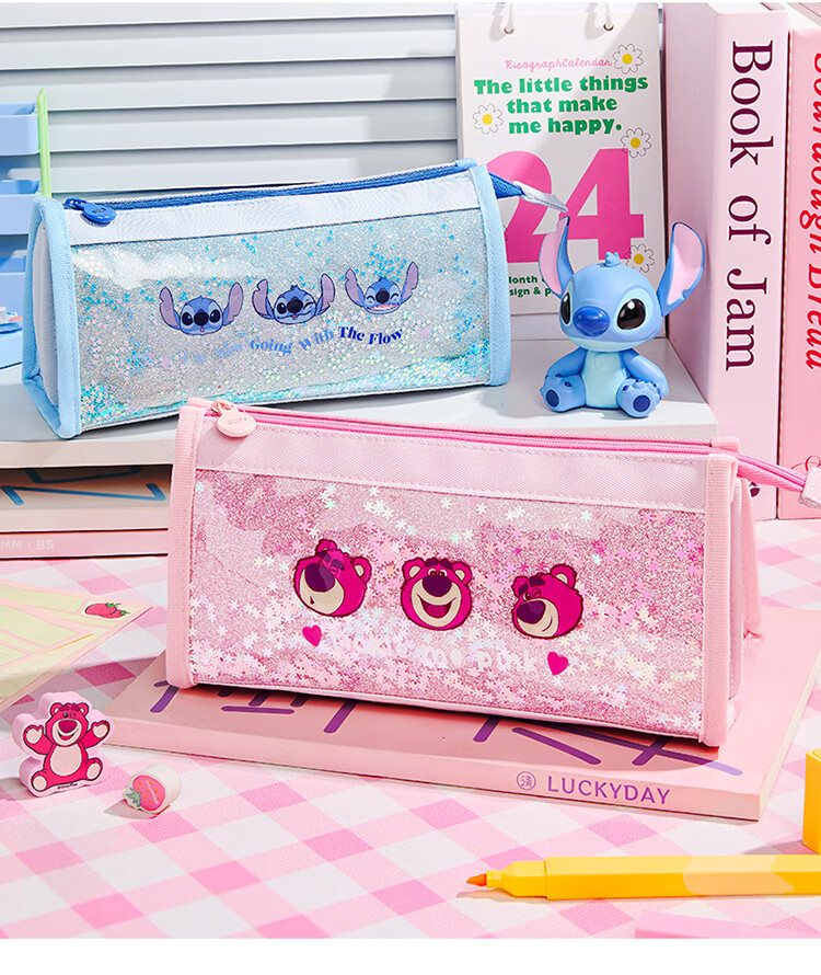 Disney Elementary School Pencil Case Large Capacity Handheld Stationery Bag High-Value Pencil Pouch Sand Flow Stationery Box Middle School Girls Study Supplies Storage Bag Graduation Gift 15