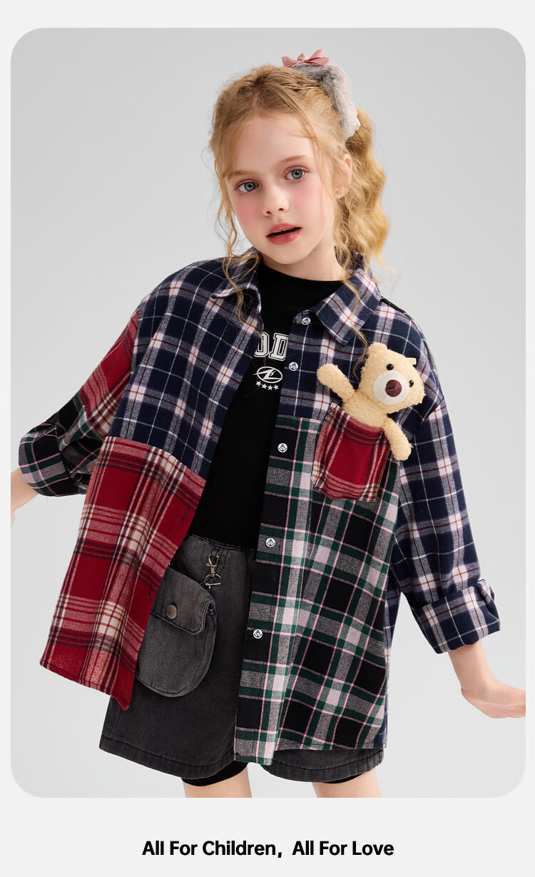 ASK JUNIOR Kids Shirt 2025 Autumn Plaid Brushed Cotton Colorblock Shirt Jacket with Bear Decoration for Girls 2