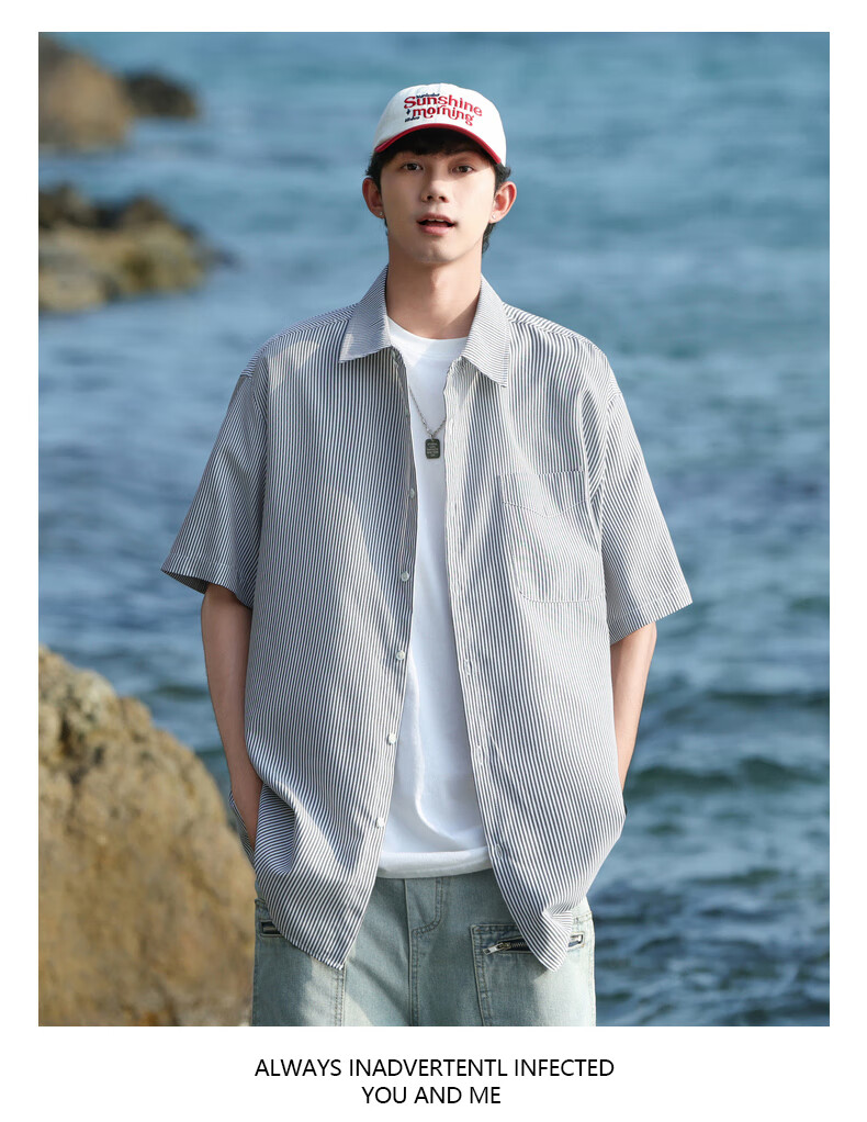 SWAMP AREA Japanese-Style Short-Sleeve Shirt for Men, Summer Trendy Versatile Loose Striped Workwear Shirt Jacket CS2512 Blue XL 5
