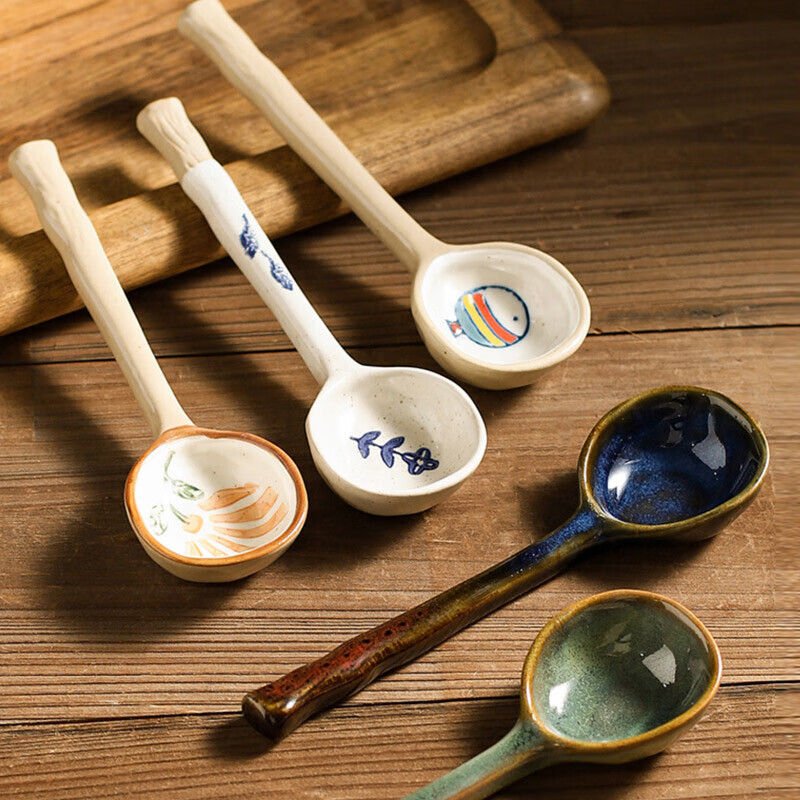Quanshi Japanese Ceramic Small Spoon Set of 2 - Household Soup Spoon, Ramen Spoon, Porridge Spoon, Rice Spoon, Dessert Spoon