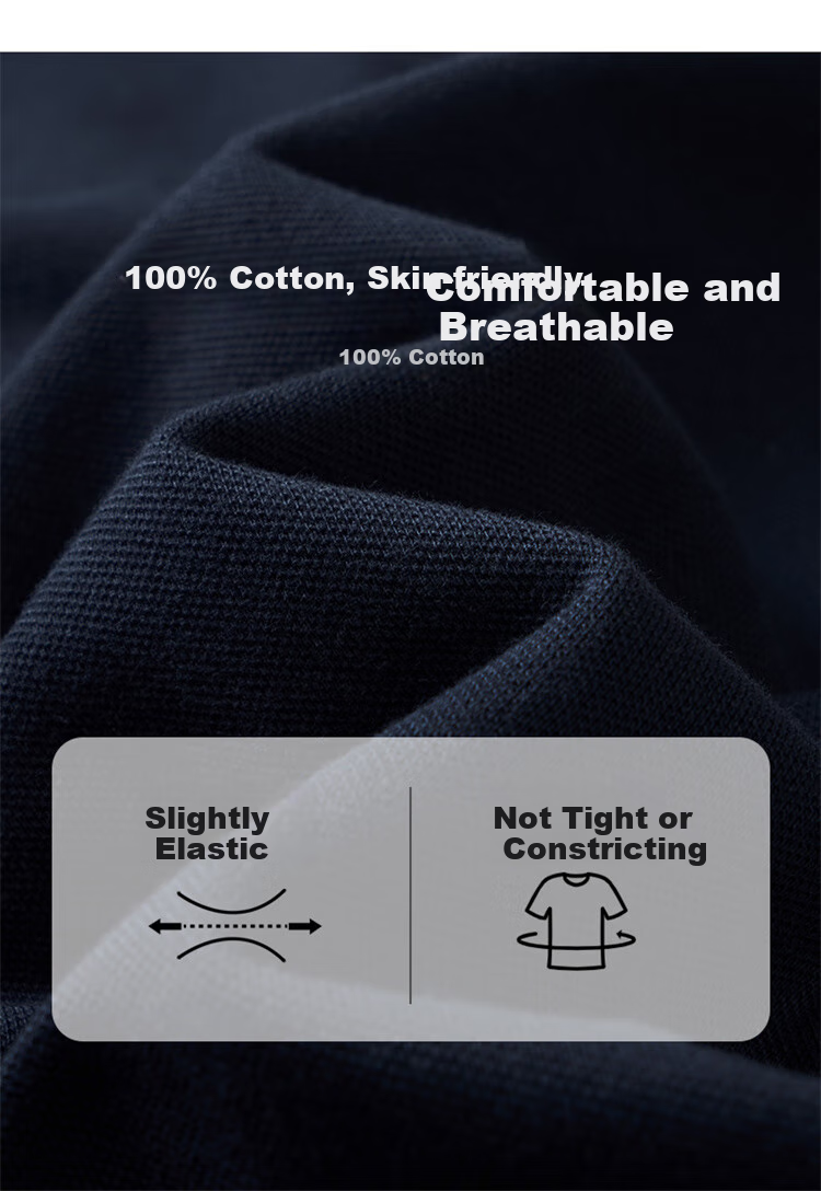 DANCING WOLVES [100% Pure Cotton] Summer Business Commute Breathable Men's Short-Sleeve Polo Shirt, 102 Navy Blue, Size 180 2