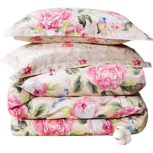 Комплект постельного белья FUANNA Home Textiles, 100% хлопок, 4 предмета, стиль "Пастораль", размер "1.5-метр", цветочный принт, розовый