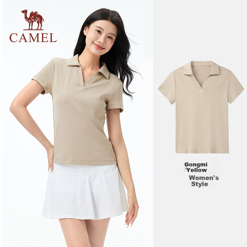 CAMEL Outdoor Quick-Dry T-Shirt for Women, Spring And Summer V-Neck Short-Sleeve Top, Elastic Slimming Breathable POLO Shirt A25BZ01057