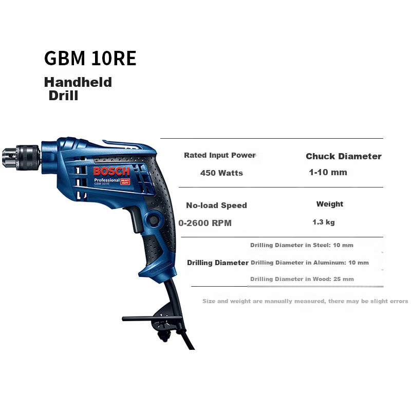 BOSCH Electric Drill, Power Screwdriver for Steel Plate, Tile, Wood Drilling, GBM 10RE 450W, Plug-In Industrial Grade