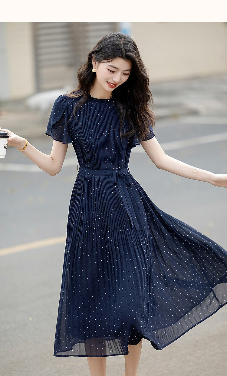 Dme [Watermark Dotted Print], Summer Elegant Gradient Pleated Lotus Leaf Sleeve Tie-Back Flowing Mid-Length Women's Dress 6