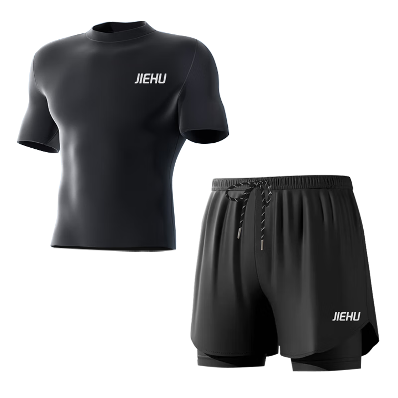 Jiehu Men's Swimsuit Set, Youth Anti-Embarrassment Double-Layer Swim Trunks, Two-Piece Men's Swimwear, Hot Spring Swimming Equipment