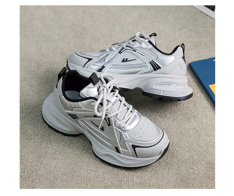 Warrior Women's Sneakers 2026 Spring New Leather Dad Shoes Thick Sole Height Increasing Couple Versatile Running Shoes 15