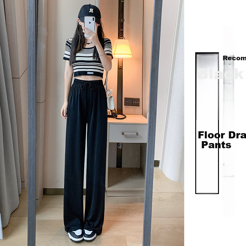 LangSha Women's Leggings, Summer Thin Ice Silk High-Waist Loose-Fitting Draping Floor-Length Slimming Straight-Leg Pants for Commuting