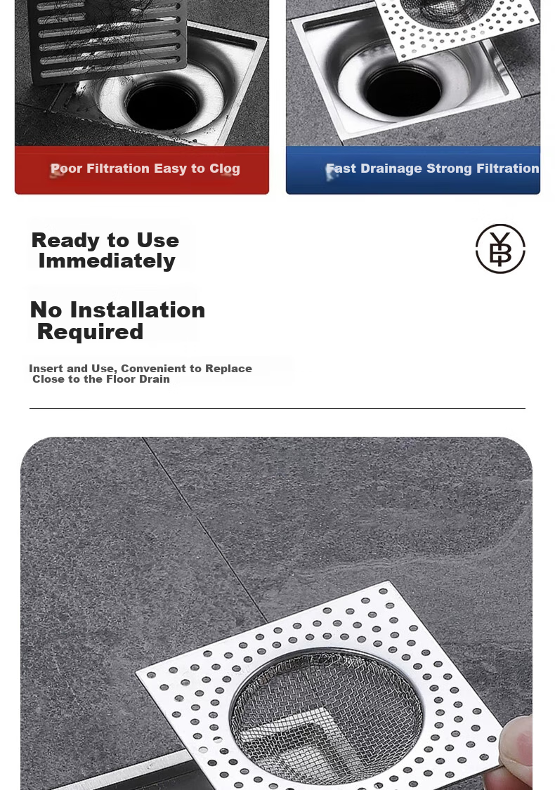 Bingyou Stainless Steel Floor Drain Filter, 2-Pack, Square Shape, Universal for Bathroom Drains, Anti-Clogging Hair Filter 5