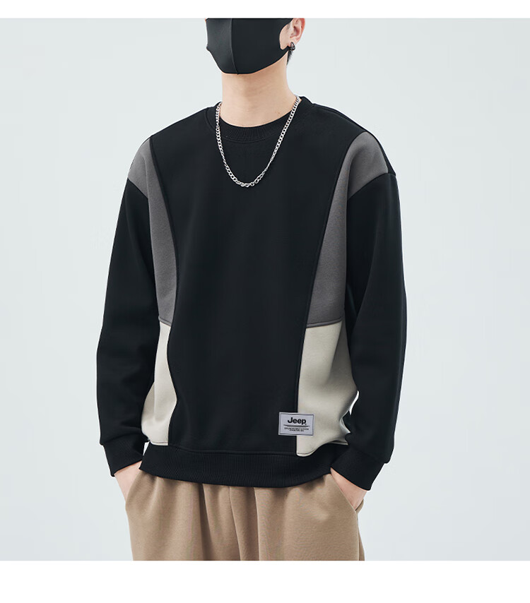 JEEP Men's Sweatshirt, Color Block Design, Heavyweight, Spring And Autumn Long-Sleeve T-Shirt, Loose-Fitting Trendy Base Layer Top, Men's Clothing, Black, 2XL 3