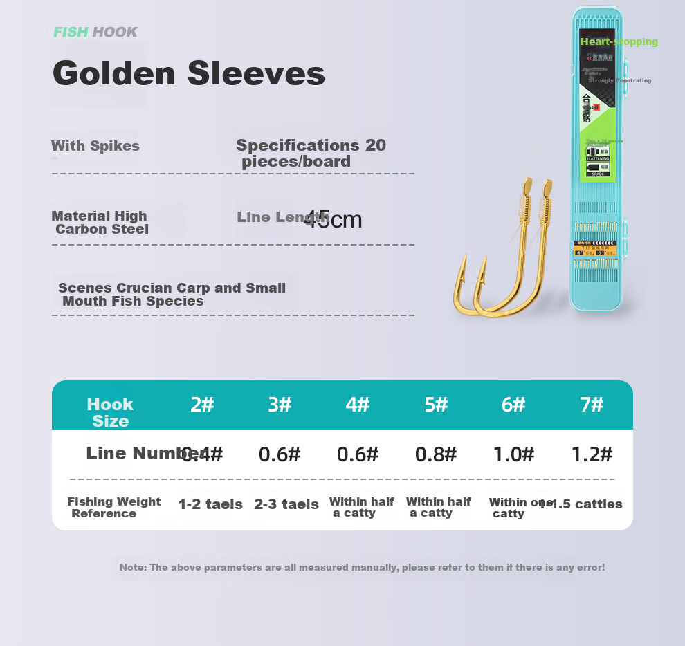 Jinglang 6#7# Mixed Gold Sleeve Hooks with Barbs, 20 Sets Pre-Tied with Double Hooks, Finished Fishing Hook Set, Fishing Tackle 15