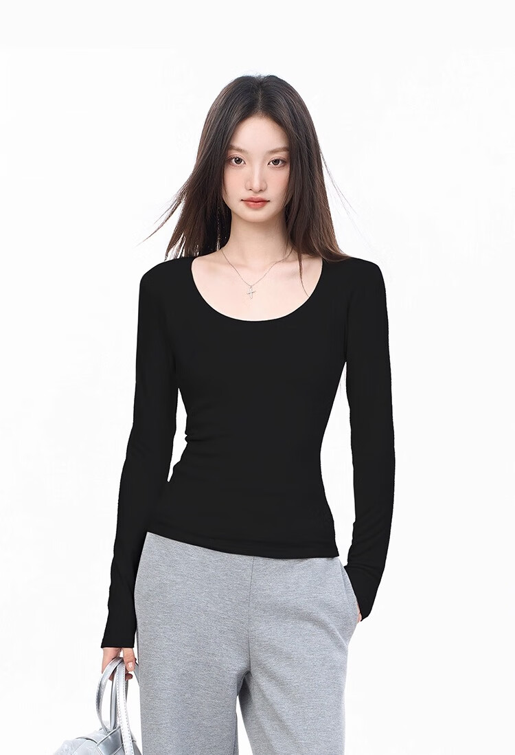 Woodpecker Women's Long Sleeve T-Shirt Pure Cotton Regular Shoulder Base Layer Spring Autumn Slim Fit Crew Neck Basic Comfortable Top Black XL 8
