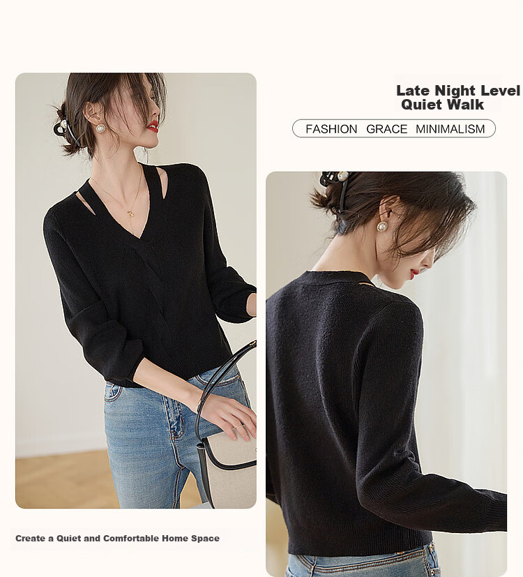 Dme [Elegant Little Lady] Spring And Autumn Sexy Hollow-Out Cable Knit V-Neck Fleece Sweater Women's Top 5