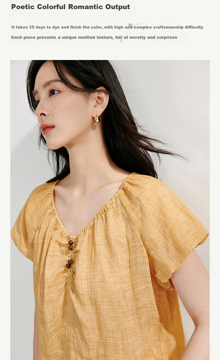 Inman French Style Ramie Cotton Lantern Sleeve Shirt Summer Women's Casual Design Lazy Short Sleeve Top Light Blue XL 4