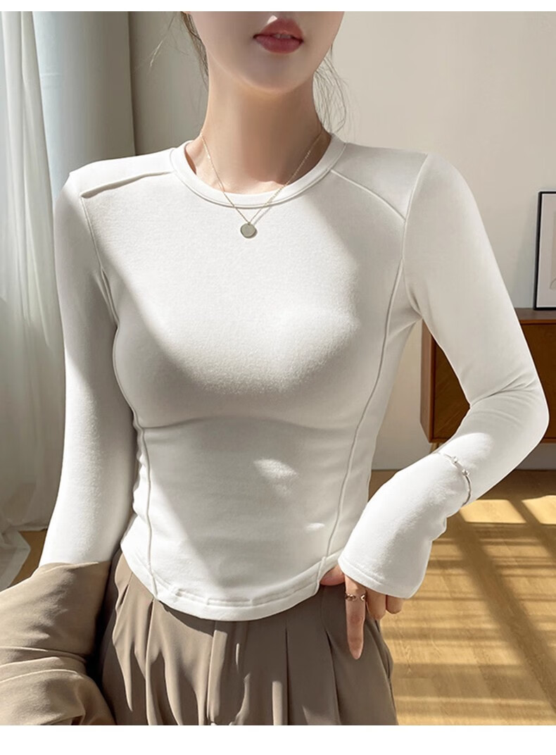 La Chapelle Crew Neck Fleece Thickened Curved Hem Herringbone Inner Layer Autumn Winter Slim Fit Long Sleeve T-Shirt Women Off-White M 8