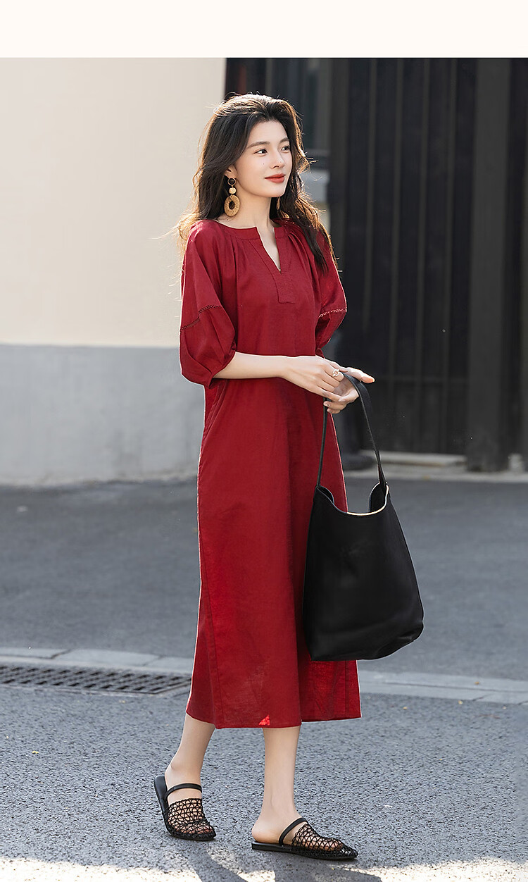 Dme [Chunmuji] Summer Smooth Linen Cotton Bamboo Jersey Round Neck Loose Straight Dress for Petite Wome 13