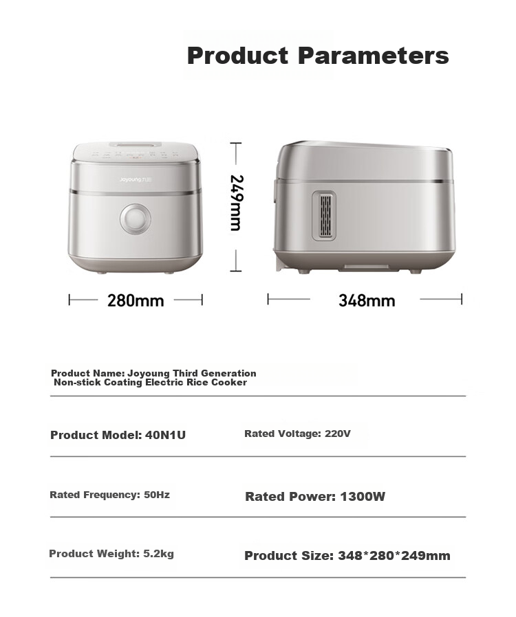 Joyoung Space Series Home Use 2024 Model, 0 Coating 4L Uncoated Rice Cooker, 316L Stainless Steel Inner Pot, Electric Rice Cooker 40N1U 36