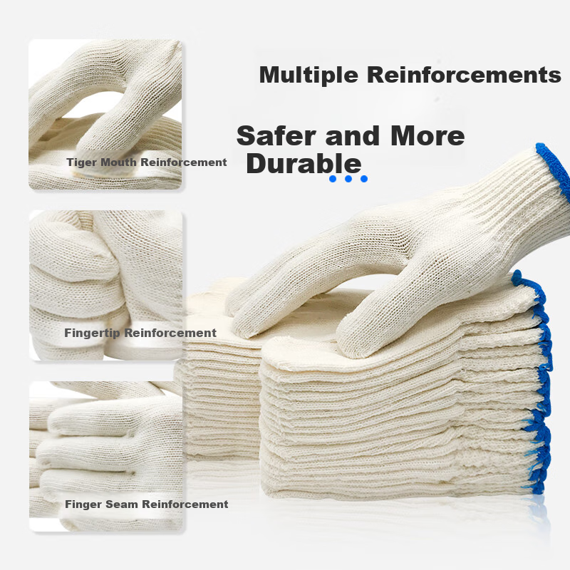 Teweiqiang Cotton Work Gloves, 60 Pairs/pack, 600 Blue Edge, Thickened, Non-Slip, Wear-Resistant, Industrial White Cotton Yar