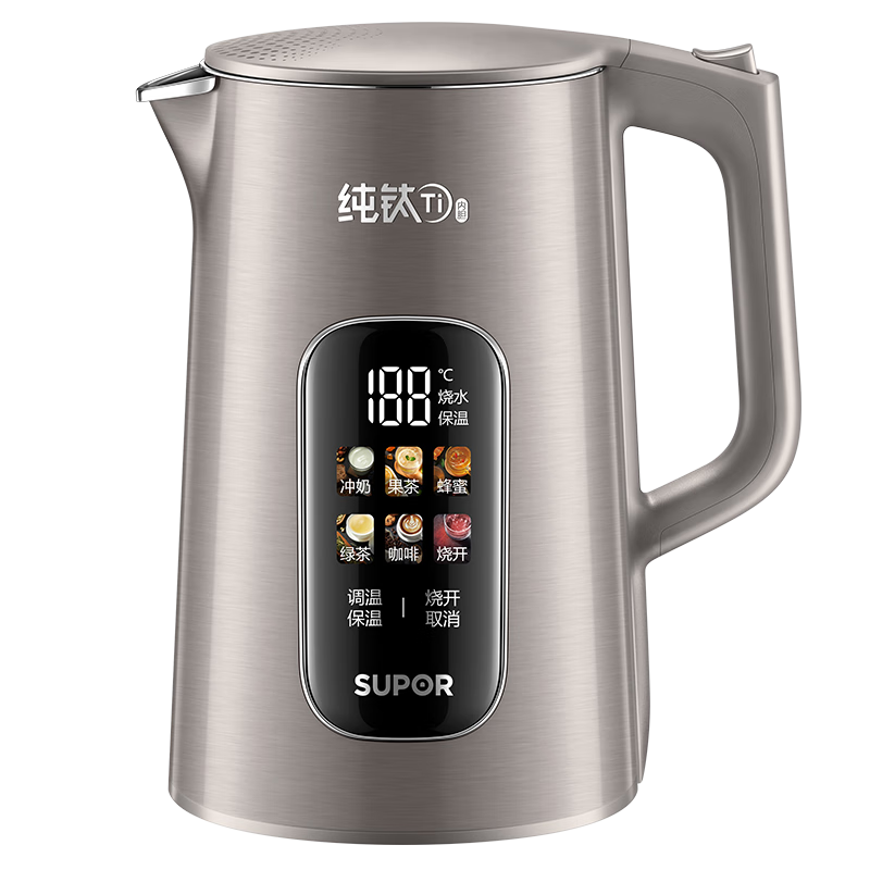 SUPOR 1.7L Large Capacity Electric Kettle Household Water Boiler Pure Titanium 0 Coating Color Screen Touch Control Constant Temperature Insulation SW-17J82T