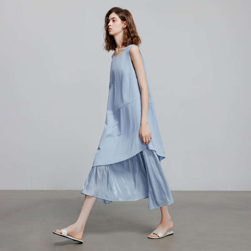 Chuyu Oxygen Sensation Dress for Women, 2025 Summer New Vacation Style Patchwork Faux Two-Piece Vest Dress, Sky Blue, S