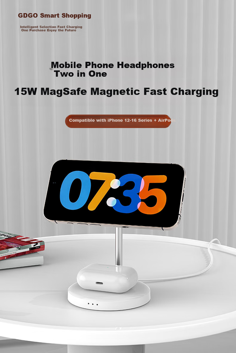 GDGO Two-In Wireless Charger, MagSafe Magnetic 15W Fast Charging Stand for Phones And Earphones, Desktop Vertical Charging Base Compatible with Apple IPhone 18 Pro Max/17/Air, Qi 2 Compatible 1
