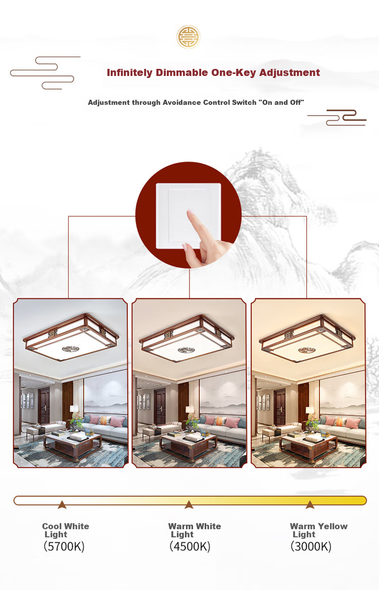 NVC New Chinese-Style Ceiling Light, Three-Color Dimming, 36W, Ink Blue Mountain Classical Wood Art, Antique Style Bedroom Lighting Fixture 4