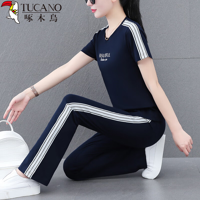 Woodpecker Pure Cotton Women's Summer Sportswear Set Loose Short Sleeve Long Pants Middle-aged Mom Casual Two-piece Suit Royal Blue 4XL