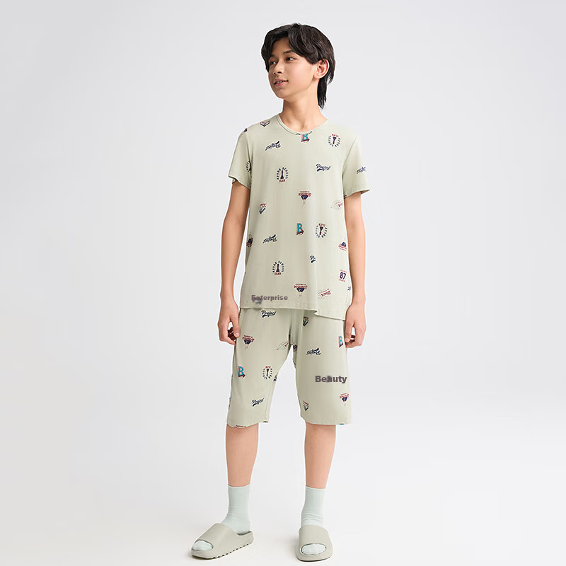 Aimer Kids Milk Skin Jacket, Unisex Loungewear, Modal Antibacterial Class A Pajamas, Knee-Length Shorts - Campus Diary, Size 150