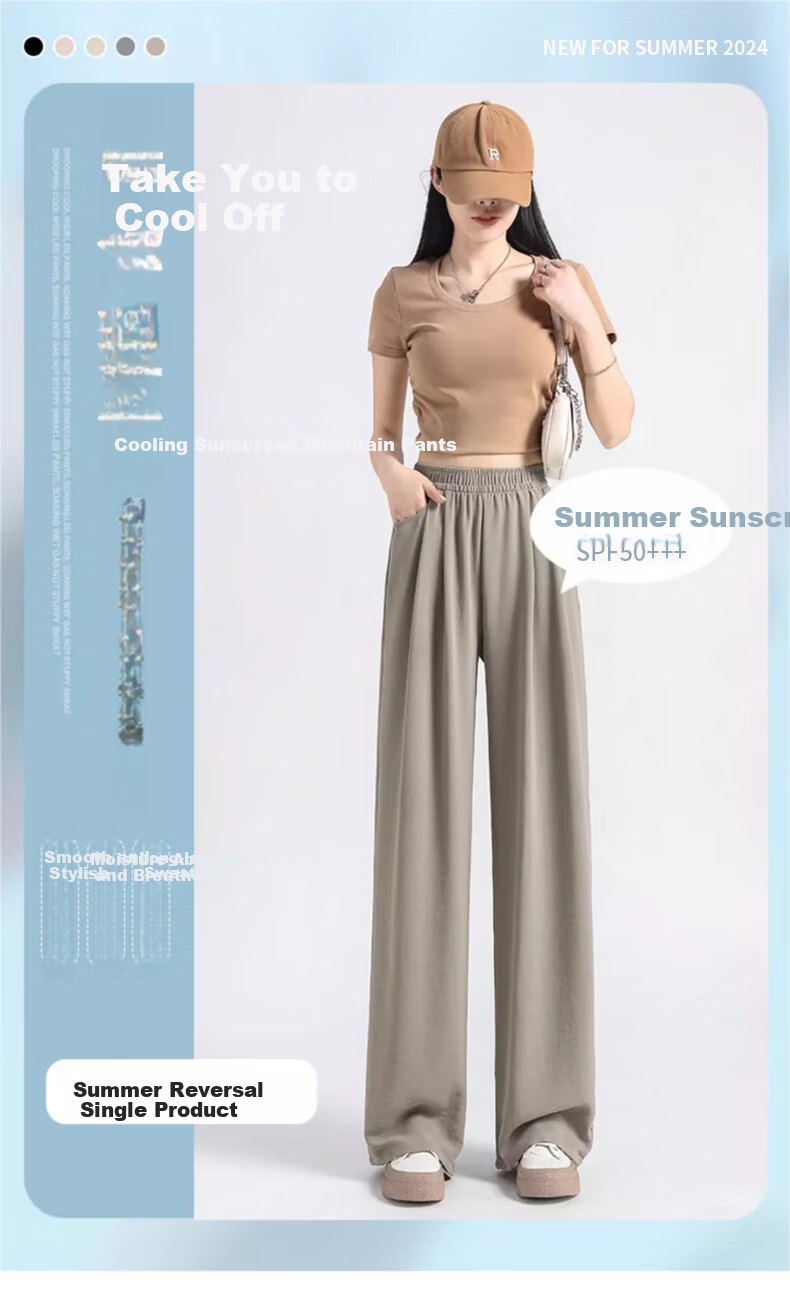LangSha Ice Silk Wide-Leg Pants for Women, Summer Lightweight Sun Protection High-Waist Draping Lazy Style Yamamoto Pants Straight Casual Women's Trousers 1