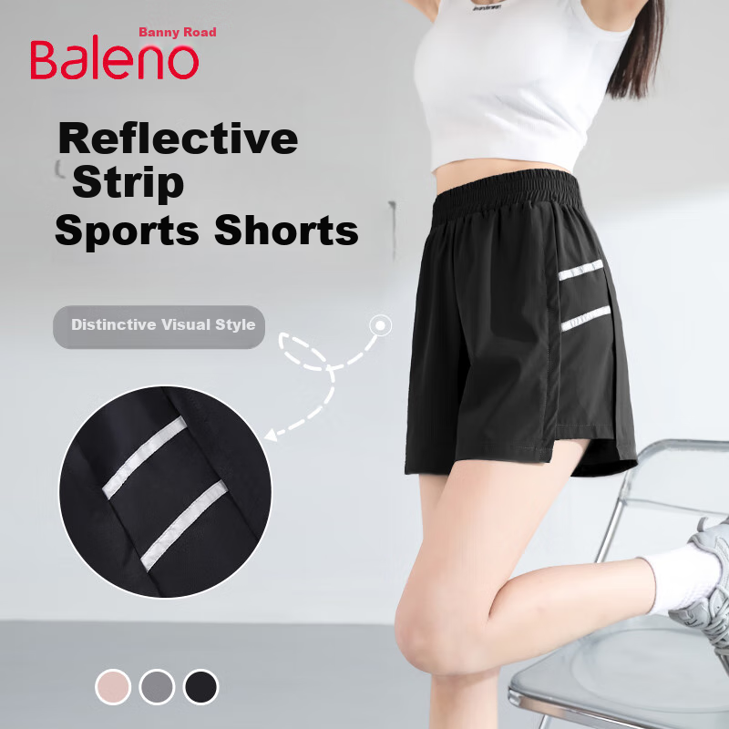 Baleno Cool-Feeling Sports Shorts for Women, 2026 Summer New Style with Reflective Strips, Outdoor Running Fitness Cycling A-Line Versatile Three-Quarter Length Pants