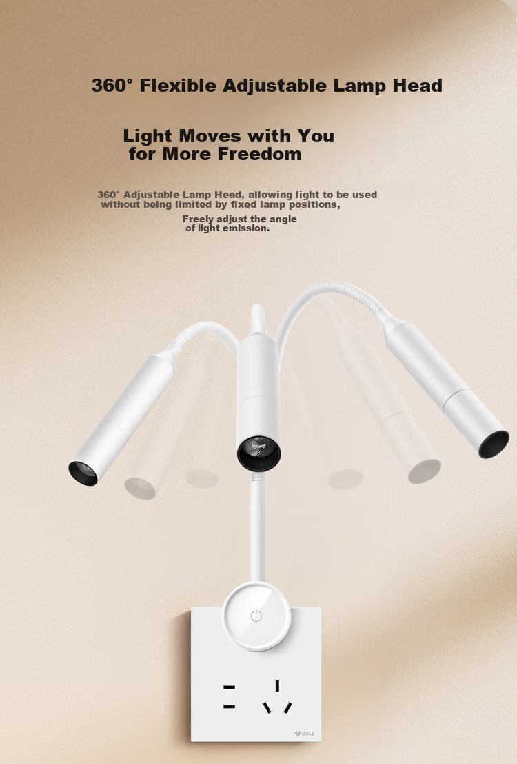 BULL Desk Lamp, Full Spectrum Eye Protection Bedside Lamp, Five-Hole Socket, Stepless Dimming, Ultra-Thin Model MH-A4R5C Snow White 11