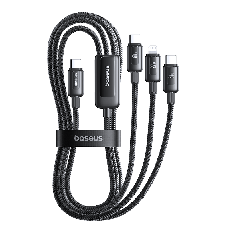 BASEUS Three-In Charging Cable, PD60W Fast Charging, Compatible with IPhone 18/17/16/15 Pro, Huawei, Xiaomi, Apple Phones, IPad, Car Charger, 1.1 Meter, Black