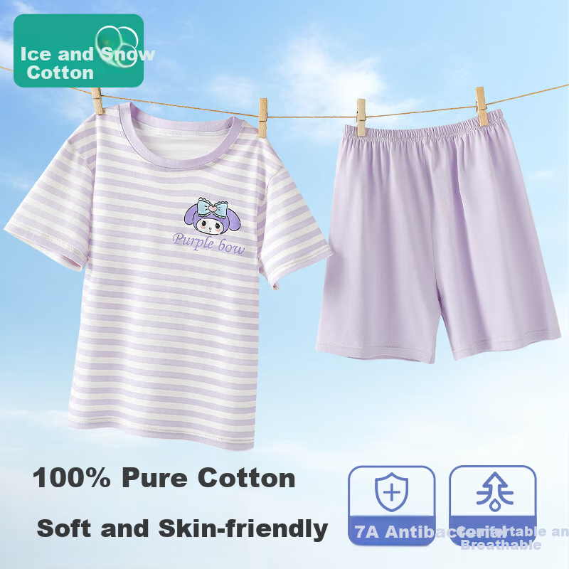 Bingxuemumian Children's Pajamas for Girls, Summer Pure Cotton Class A Thin Set, Short-Sleeve Shorts Round Neck Home Air Conditioning Wear Two-Piece Set