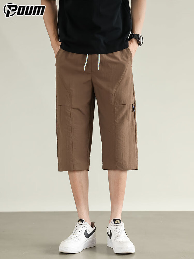 POUM Ice Silk Trendy Brand Three-Quarter Length Pants for Men, Summer Style, Casual American-Style Sports Quick-Dry Shorts, 0003 Coffee Color, 2XL 4