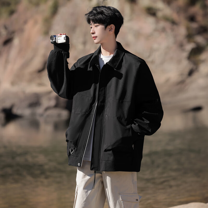 IZEXX Lapel Jacket for Men, Autumn Baen Style Trendy Casual Outerwear, Loose Fit Youth Jacket HZ10 Amber Black M