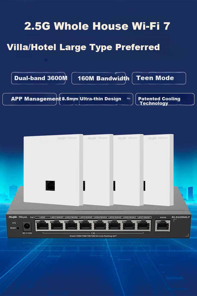 Ruijie WiFi7 2.5G Wireless AP Panel Set, 3600M, 1-To Whole House Router AC+AP Networking, Large Apartment, RG-EG209MG + RG-EAP172(MG)*8 1