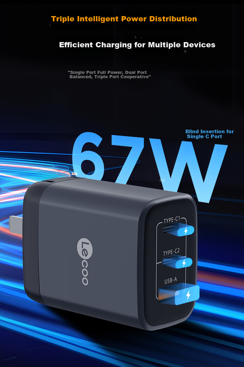 Lenovo Lai Ku 67W GaN Charger Set with Type-C Multi-Port PD Fast Charging Head Compatible with Laptops, IPhone 17, Huawei, Xiaomi 7