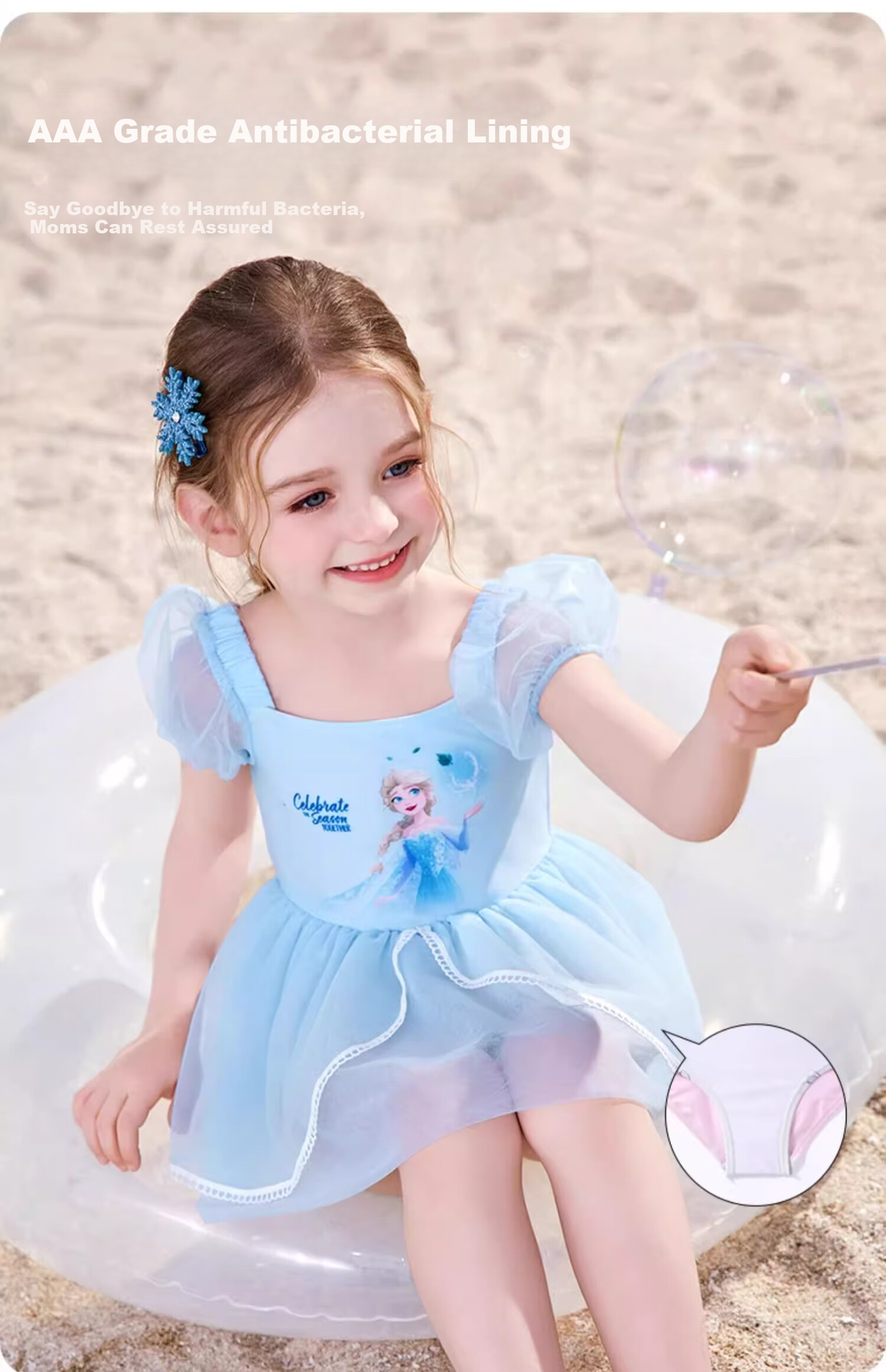 Dishini Girls' One-Piece Swimsuit Dress with Elsa Design for Children's Swimming And Sun Protection, Suitable for Hot Springs And Swimming Pool, Class A Swimwear D35044 Ice Blue 110 5