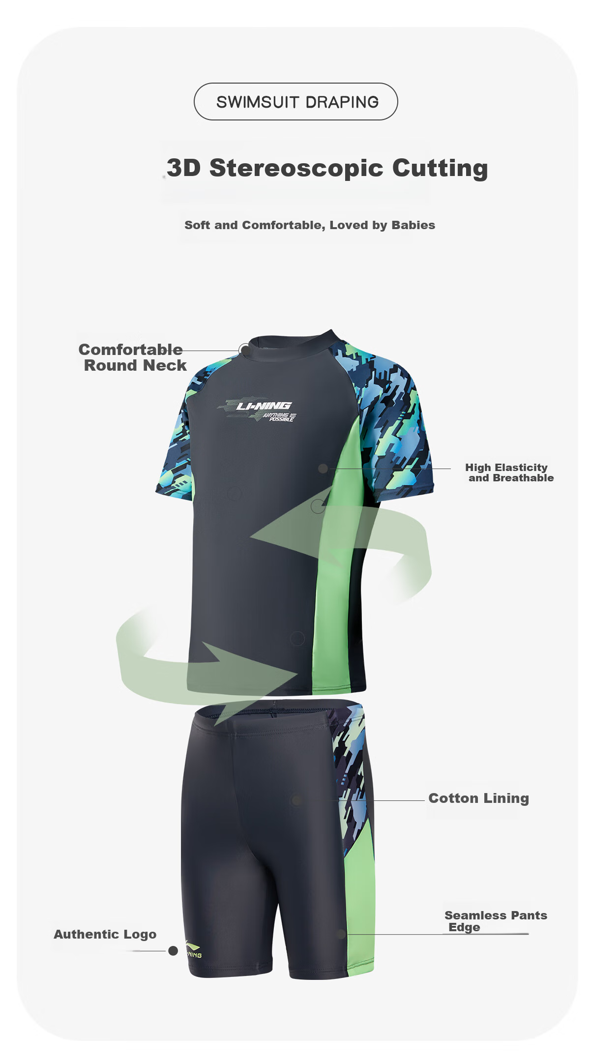 Li-Ning Children's Swimwear, Boys' Two-Piece Swimsuit, 2026 New Style, Youth Boys' Training Swimwear, Hot Spring Swimming Trunks Set 1