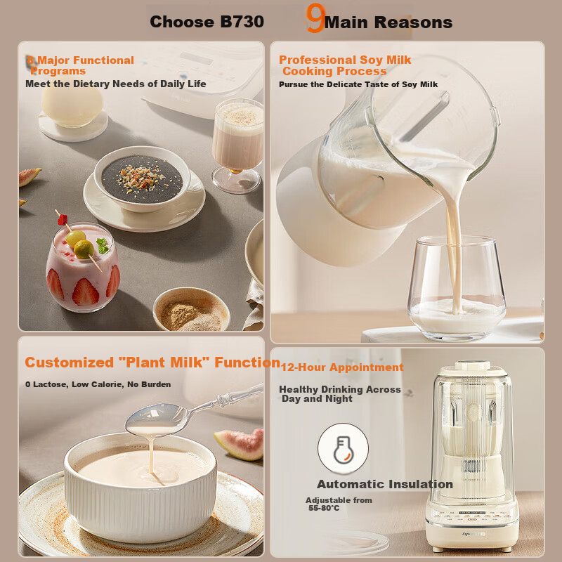 Joyoung Home Use 1.2L Capacity Variable Frequency Quiet Blender with Adjustable Texture, Fully Automatic Filter-Free Soy Milk Maker B730