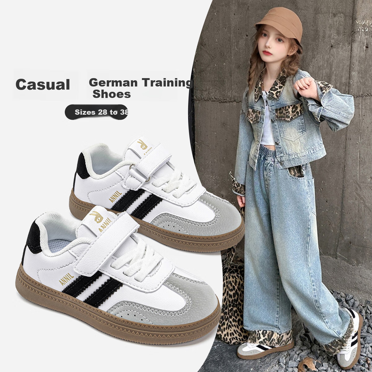 ANNIL Boys' Black Sneakers, Spring 2026 Soft Sole Lightweight Low-Top Skateboard Shoes, Children's Training Shoes 4182, White, Size 32