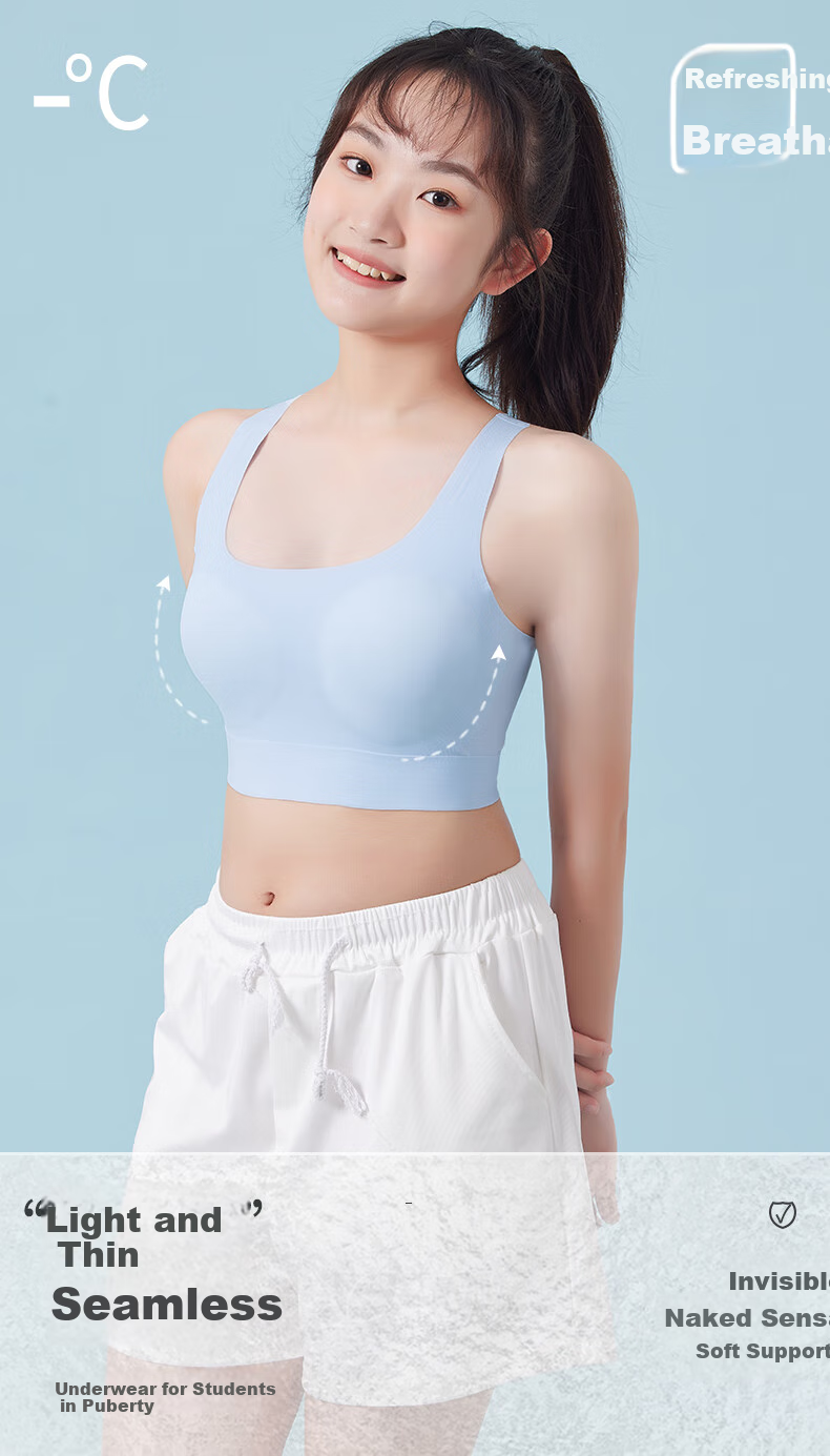 Modaier 2-Piece Set of Girls' Underwear, Student Sports Bra, Anti-Shock Bra for Middle And High School Students in Puberty, Small Vest White + Blue 1