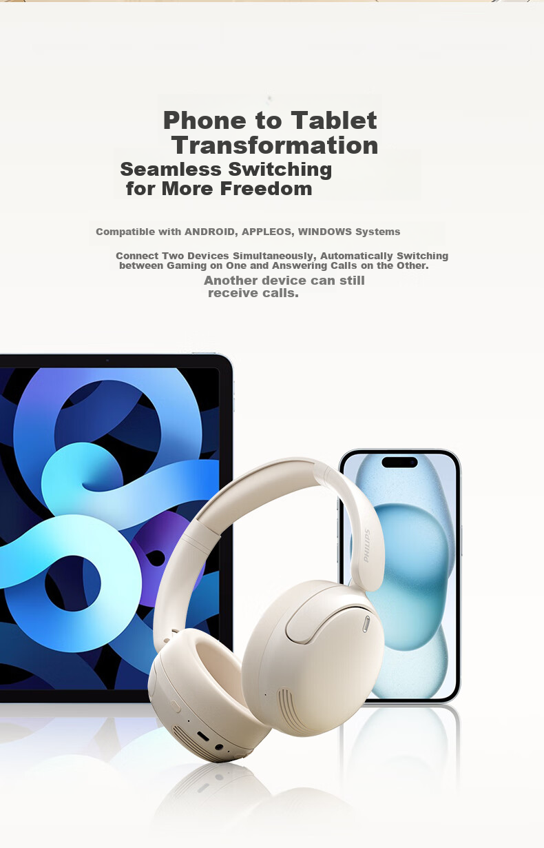 PHILIPS Wireless Bluetooth Headphones with Active Noise Cancellation, High-Quality Sound, Wireless And Wired Gaming, Low Latency, Compatible with Apple And Huawei TAH3020 White 8