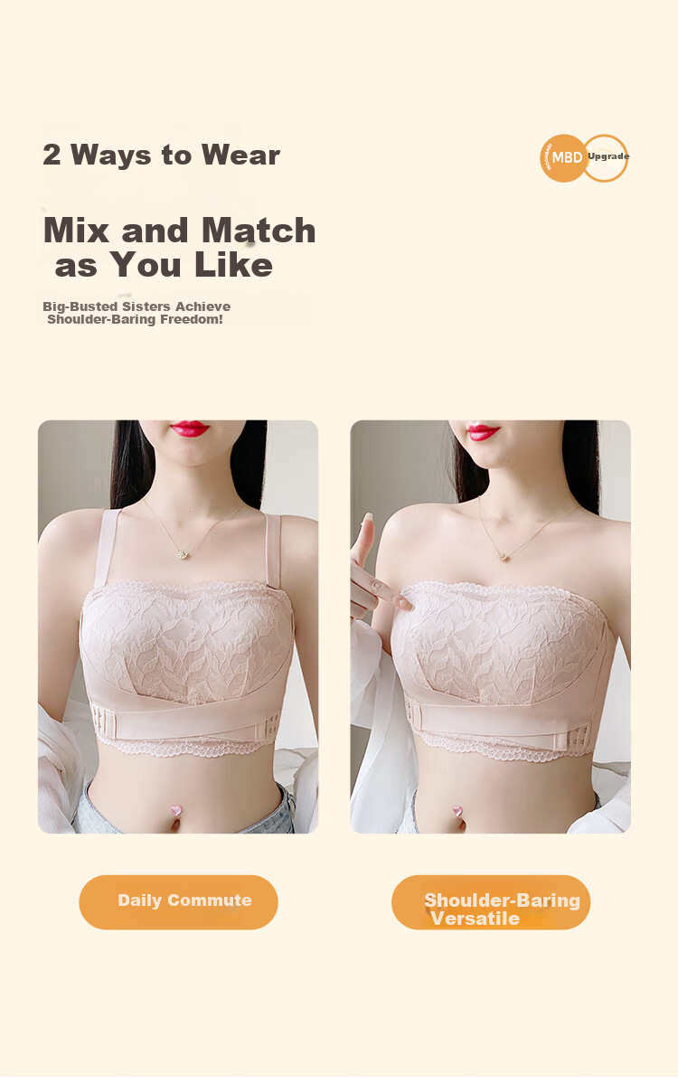 Moonbadi Women's Bra, Minimizing for Large Breasts, Strapless Bandeau, Non-Slip, Wireless, Lace, Push-Up, Side Support Bra 3